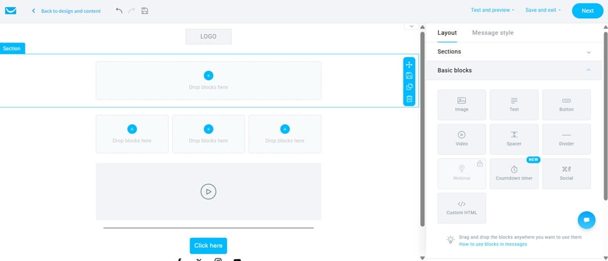 Drag-and-drop email editor for designing ecommerce newsletters.